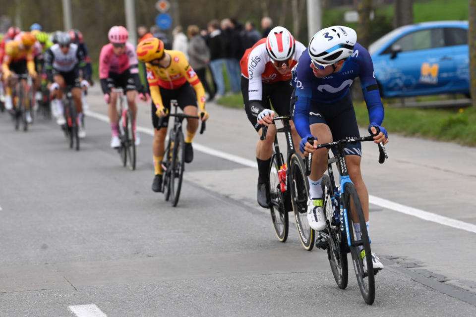 WAREGEM BELGIUM  MARCH 29 Oier Lazkano Lopez of Spain and Movistar Team leads the peloton during the 77th Dwars Door Vlaanderen 2023  Mens Elite a 1837km one day race from Roeselare to Waregem  DDV23  on March 29 2023 in Waregem Belgium Photo by Tim de WaeleGetty Images