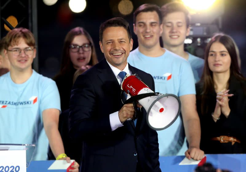 Presidential candidate Rafal Trzaskowski addresses his supporters after the presidential election in Warsaw