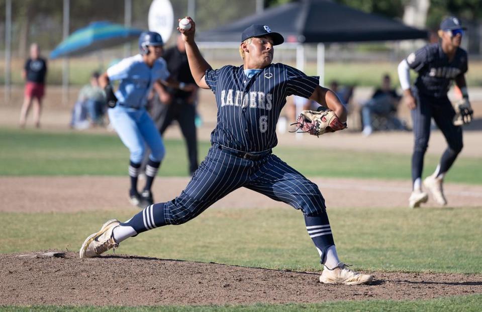 Central Catholic’s Fernando Alaniz in the 7th inning during the Northern California Regional Division III championship game with Oakmont at Central Catholic High School in Modesto, Calif., Saturday, June 3, 2023.