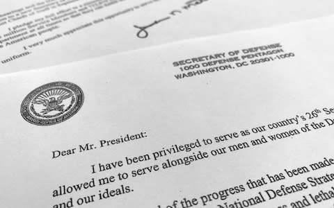 Part of Defense Secretary Jim Mattis' resignation letter to President Donald Trump  - Credit:  Jon Elswick/AP