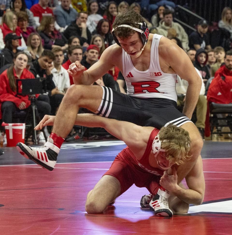 Rutgers' Dylan Shawver, seen here in a January dual against Indiana, at the NCAAs on Thursday rode out Bucknell’s Kurt Phipps with a hard-nosed ride in the second period to record a 1-0 win in a pre-quarterfinal round bout.