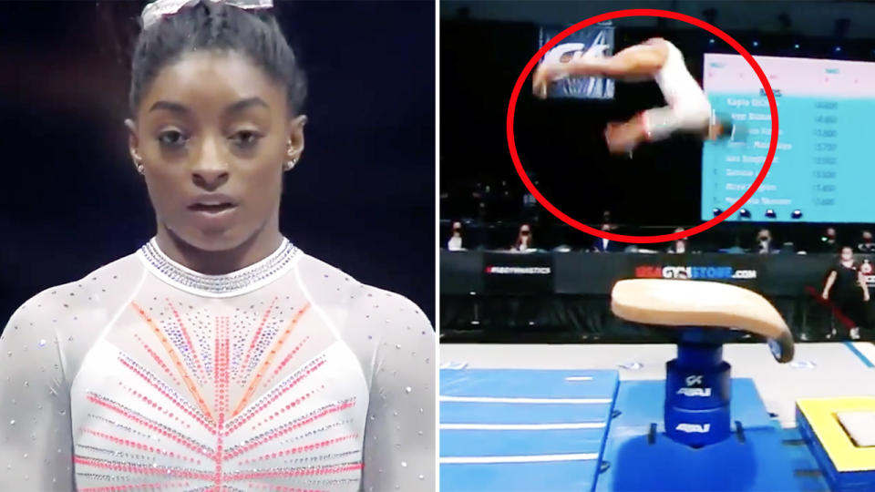 Seen here, American gymnast Simone Biles makes history after landing the notoriously difficult  Yurchenko double pike.