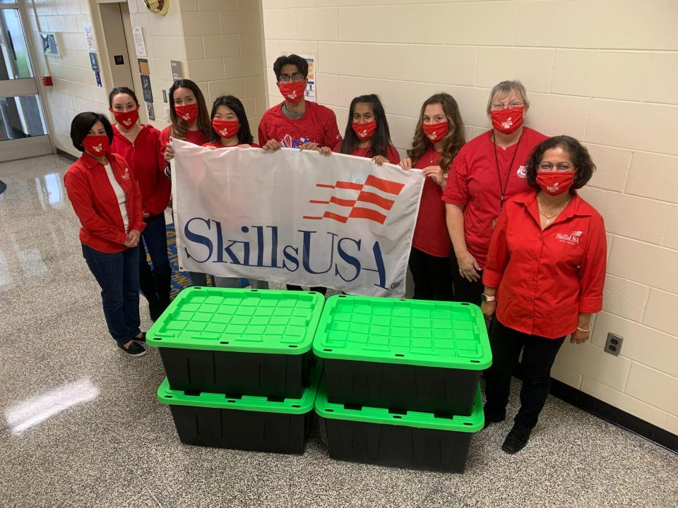 (Left to right) SCVTHS SkillsUSA Advisor Michelle Fresco, SCVTHS SkillsUSA Advisor Sam Inga, SCVTHS students Emily Rosalli of Hillsborough, Grace Chen of Hillsborough, Pranav Potrevu of Basking Ridge, Jiya Mody of Martinsville, Reilly Sibilia of Raritan and SCVTHS SkillsUSA Advisors Karen Morlock and Pratima Patil pose for a photo with some of the “baskets” created from the food drive.