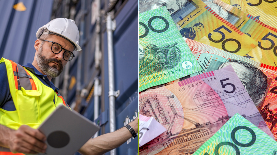 Composite image of a foreman standing next to shipping containers, and Australian money, economy.