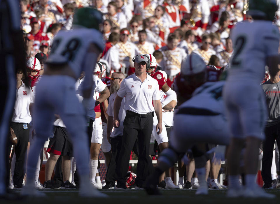 Nebraska coach Scott Frost watches from the sideline as the team plays against North Dakota during the second half of an NCAA college football game Saturday, Sept. 3, 2022, in Lincoln, Neb. Nebraska won 38-17. (AP Photo/Rebecca S. Gratz)