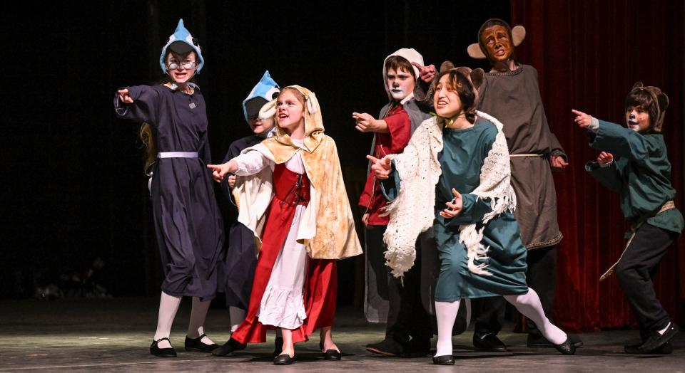 The cast of Enchanted Playhouse's production of “Magician’s Nephew” rehearse Monday, February 20, 2023 at the Fox Theater.