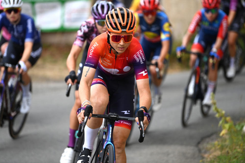 RODEZ FRANCE  JULY 26 Audrey CordonRagot of France and Team Human Powered Health competes in the breakaway during the 2nd Tour de France Femmes 2023 Stage 4 a 1771km stage from Cahors to Rodez 572m  UCIWWT  on July 26 2023 in Rodez France Photo by Tim de WaeleGetty Images