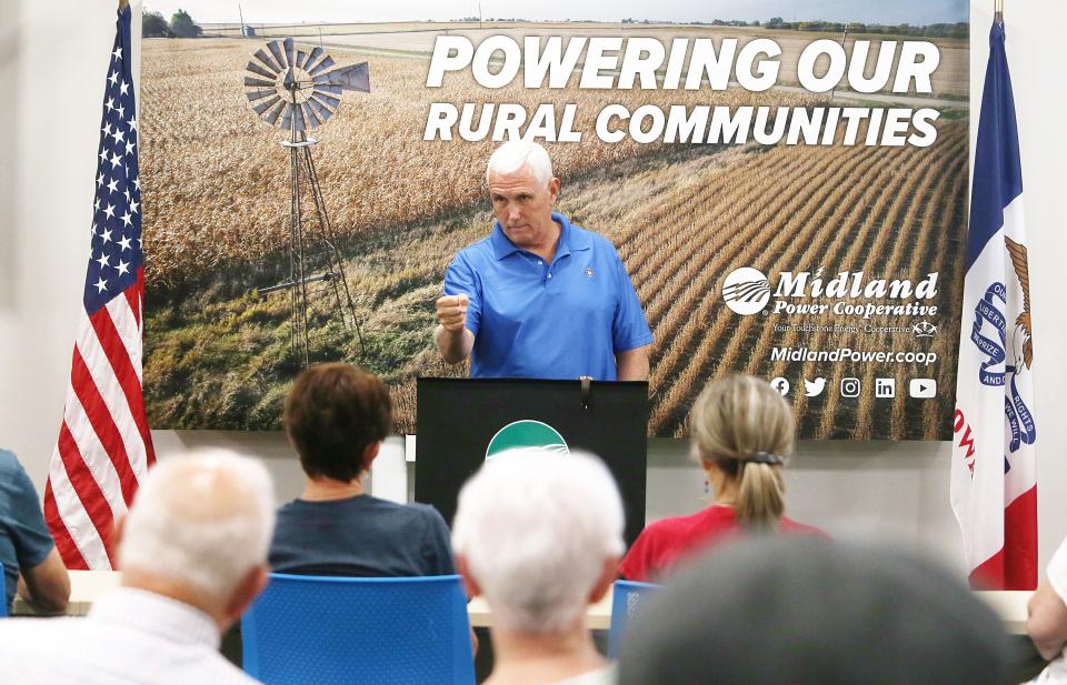 Republican presidential candidate and former vice president Mike Pence speaks during a campaign stop at Midland Power Cooperative Tuesday, July 4, 2023, in Boone, Iowa.