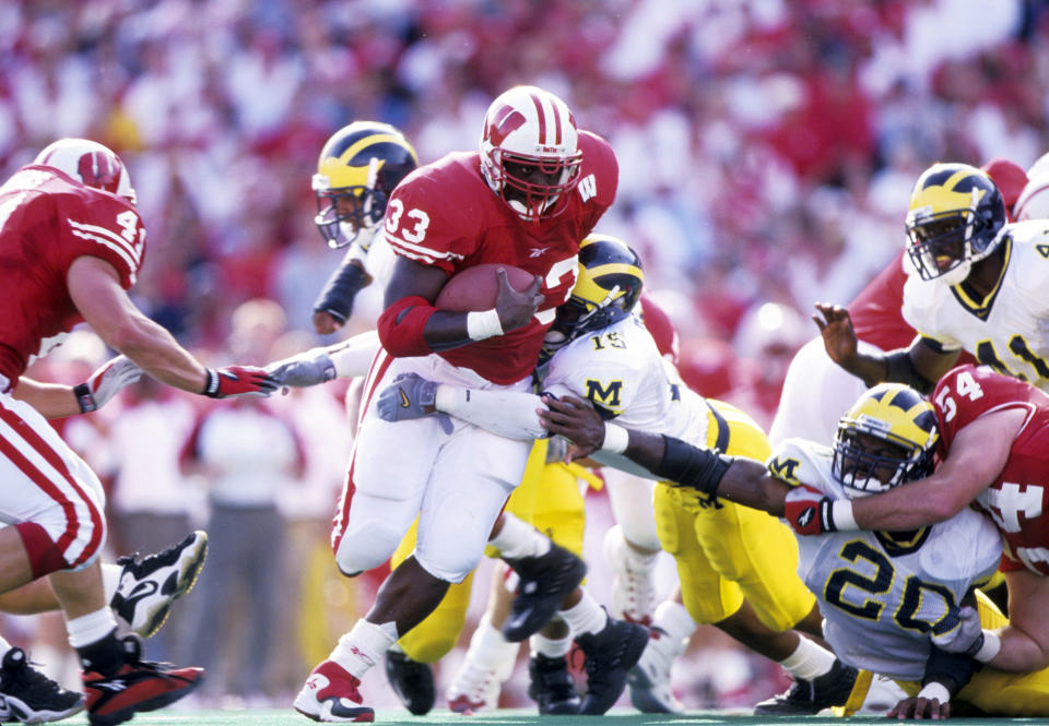 Sep 25, 1999; Madison, WI, USA; FILE PHOTO; Wisconsin Badgers running back Ron Dayne (33) in action against Michigan at Camp Randall Stadium. Michigan defeated Wisconsin 21-16. Mandatory Credit: USA TODAY Sports