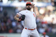 San Francisco Giants starting pitcher Carlos Rodon throws against the Detroit Tigers during the first inning of a baseball game Tuesday, June 28, 2022, in San Francisco. (AP Photo/Darren Yamashita)