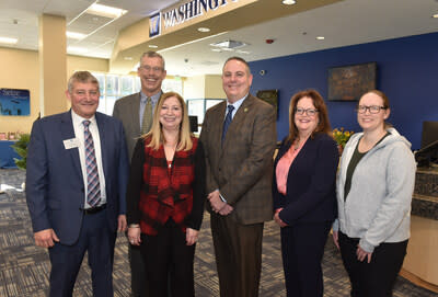 Left to right: Patrick Stewart, Washington Trust VP, Branch Manager, Smithfield Office; Edward O. “Ned” Handy III, Washington Trust Chairman & CEO; Deb Gormley, Washington Trust EVP, Chief Retail Banking Officer; Randy Rossi, Town Manager, Town of Smithfield; Mary Noons, Washington Trust President &COO; and Caitlyn Choiniere, Finance Director, Town of Smithfield