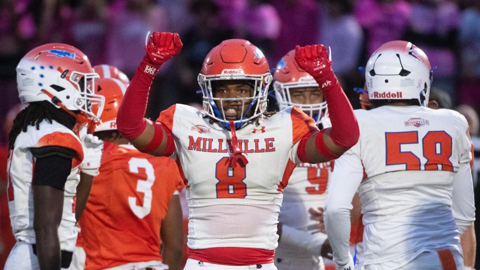 Millville's A'Cear Cornish celebrates after a Millville defensive stop during the football game between Millville and Cherokee played at Cherokee High School in Marlton on Friday, October 20, 2023.