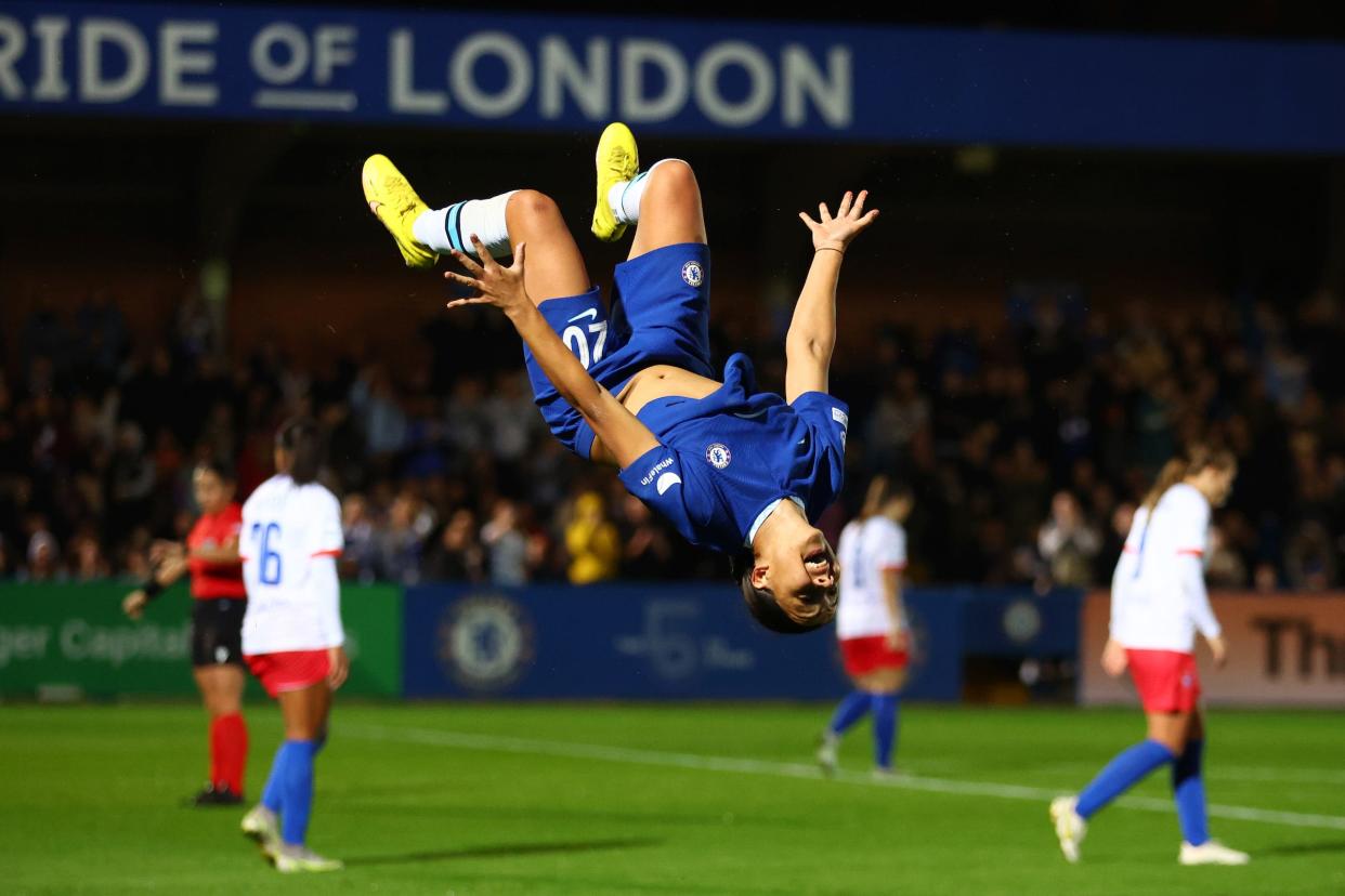 Sam Kerr celebrates her fourth goal against Vllaznia with a backflip.