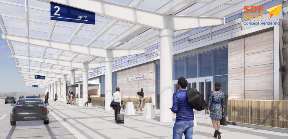 Beautification work is planned for the exterior upper level of the Louisville Muhammad Ali International Airport to give departing passengers more cover from the elements while brightening up the space with less concrete and more glass.
