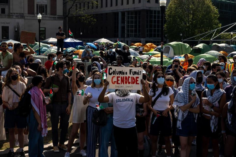 Demonstrators at Columbia University picket around the encampment established in support of Palestinians in Gaza on April 29, 2024.