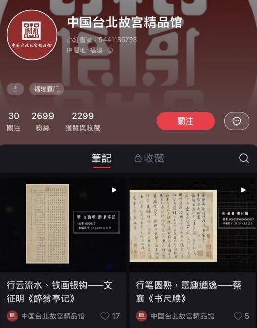 小紅書上出現假的「台北故宮文化館」及「中國台北故宮精品館」帳號。（翻攝畫面）