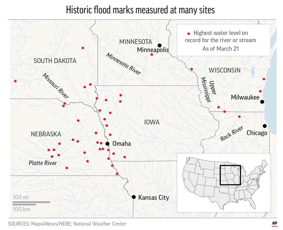 The Missouri River has set records with historic flood marks measured in 30 places in Nebraska, Iowa and South Dakota.;