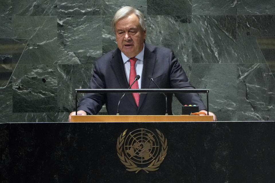 United Nations Secretary-General António Guterres speaks at a podium at United Nations headquarters.