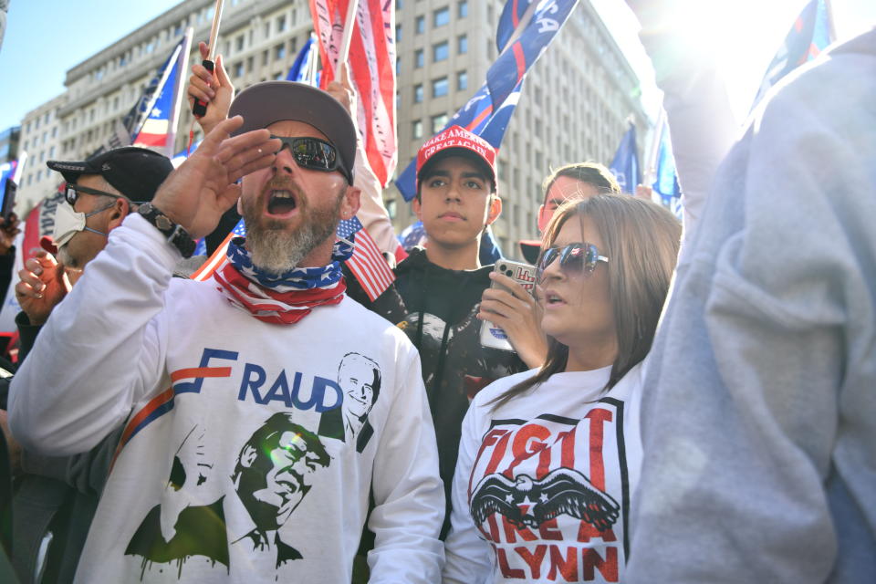 Several hundred thousand white supremacists, q-anon conspiracy theorists, neonazis, and Trump supporters held a march in Washington, DC demanding the overturn of the 2020 election of Joe Biden to the presidency, on Saturday, 14 November 2020. (Photo by B.A. Van Sise/NurPhoto via Getty Images)
