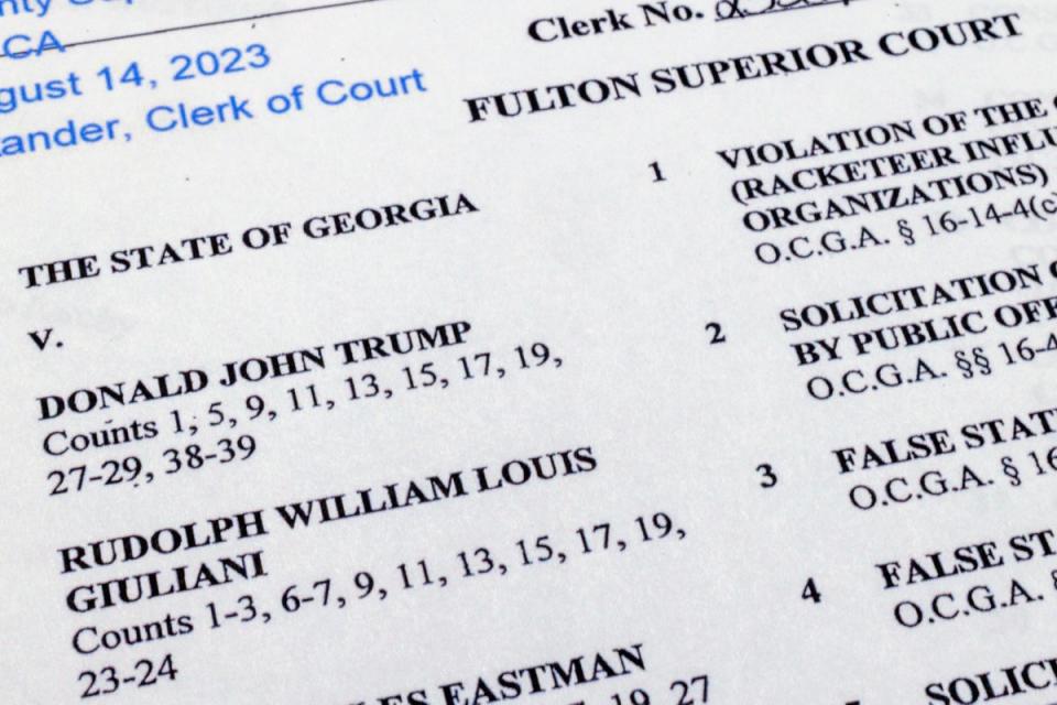 The indictment in Georgia against former President Donald Trump is photographed Monday, Aug. 14, 2023. (AP)