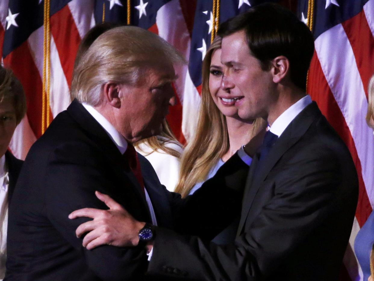 U.S. President-elect Donald Trump greets his daughter Ivanka and son in law Jared Kushner (R) at his election night rally in Manhattan, New York: Reuters