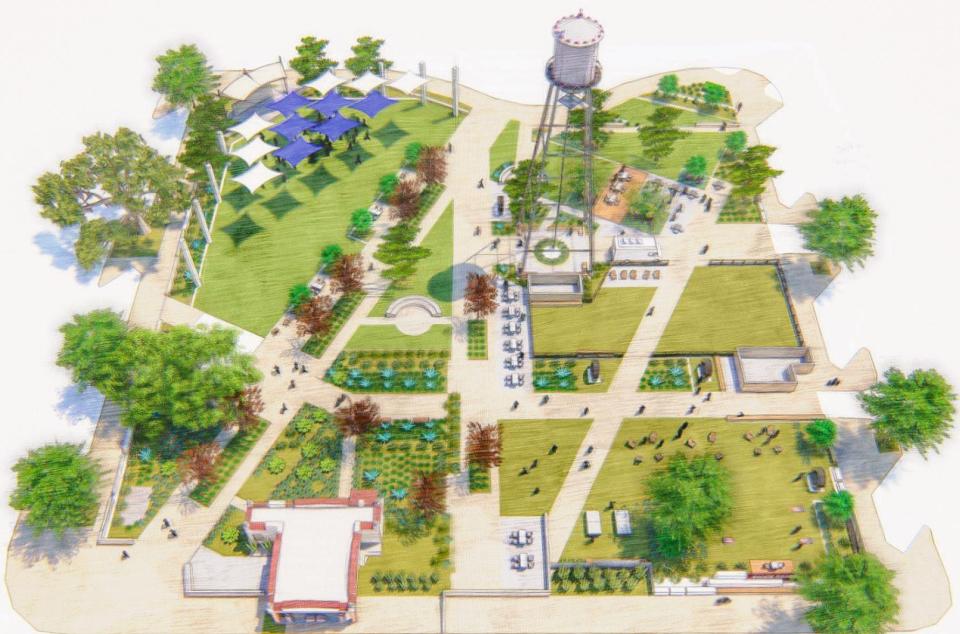A rendering shows planned improvements to the area surrounding Round Rock’s iconic water tower.