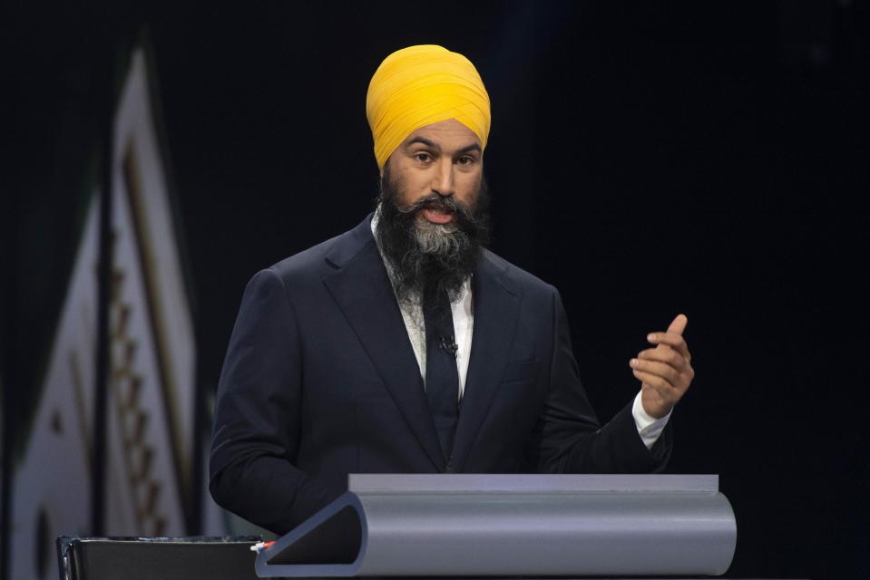 NDP leader Jagmeet Singh speaks during the Federal leaders debate in Gatineau, Que. on Monday, October 7, 2019. THE CANADIAN PRESS/Sean Kilpatrick