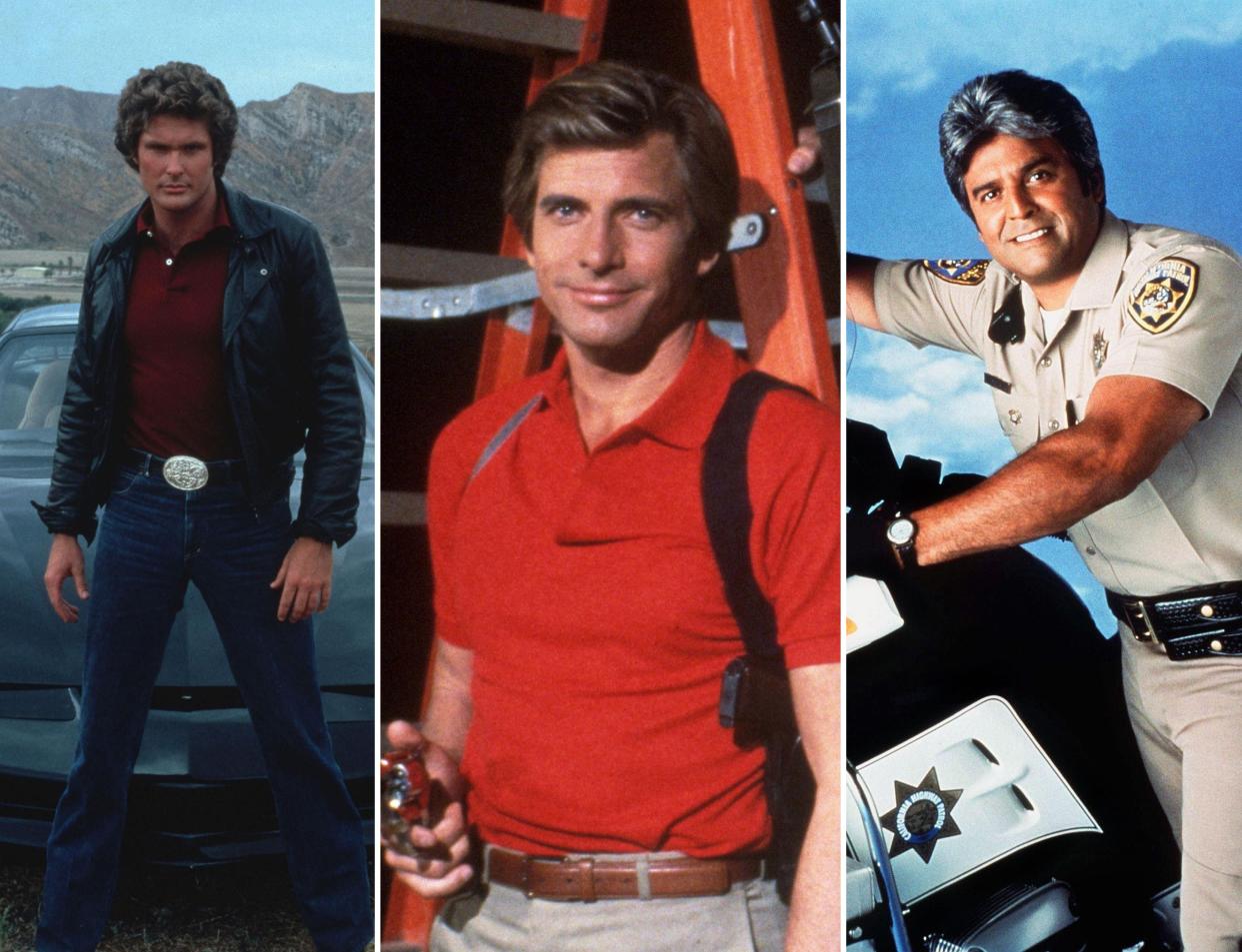 Michael Knight (David Hasselhoff), Face (Dirk Benedict) und Officer Francis Llewellyn Poncherello (Erik Estrada) aus ihren Serien "Knight Rider", "Das A-Team" und "CHiPs" (Bildrechte: ddp/INTERTOPICS/Photoshot; ddp/interTOPICS/Snap Photo; ddp images)