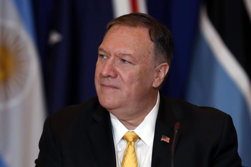 U.S. Secretary of State Mike Pompeo listens during an event hosted by the Department of State's Energy Resources Governance Initiative in New York, Thursday, Sept. 26, 2019. (AP Photo/Seth Wenig)