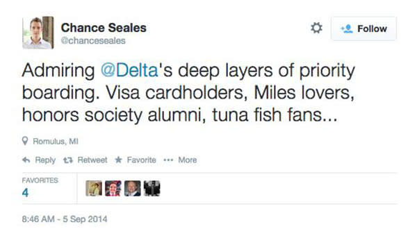 From what we understand, tuna fans don't get priority boarding on Delta Airlines.