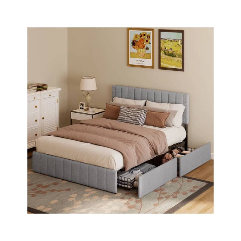 Queen Bed Frame with Four Storage Drawers