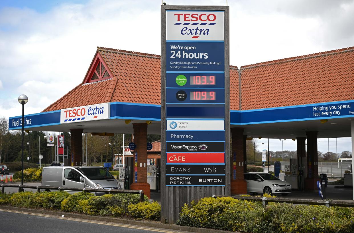 An electronic display board shows the prince in pence per litre for petrol and diesel at a Tesco supermarket store in York, northern England on March 30, 2020, as life in Britain continues during the nationwide lockdown to combat the novel coronavirus pandemic. - Oil prices plunged Monday as the number of novel coronavirus cases worldwide surged past 700,000, reinforcing worries about the impact on the global economy. Crude oil struck the lowest levels in more than 17 years on Monday, with Brent North Sea tumbling to $22.58 per barrel at one point. (Photo by Oli SCARFF / AFP) (Photo by OLI SCARFF/AFP via Getty Images)