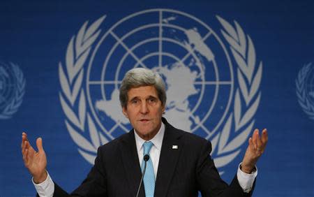 U.S. Secretary of State John Kerry addresses a news conference after the Geneva-2 peace talks in Montreux January 22, 2014. REUTERS/Arnd Wiegmann