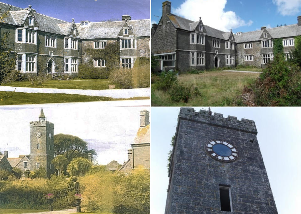 Before and after images detail the extent of damage caused to Grade 2* listed Bochym Manor in Helston, even the hands of the clock tower were removed. See SWNS story SWLNmanor. These pictures show the 'war zone' that greeted a family arriving for the first time at their historic Â£1.5m manor home - after the seller 'gutted' it before completion. Martin and Sarah Caton thought they were buying into an idyllic Cornish lifestyle when they purchased the Grade 2* listed Bochym Manor in Helston in 2014. But their dream move turned into a nightmare when they arrived and discovered the building had been ripped apart and stripped bare - with some of the doors, windows, fireplaces and even floors being removed.