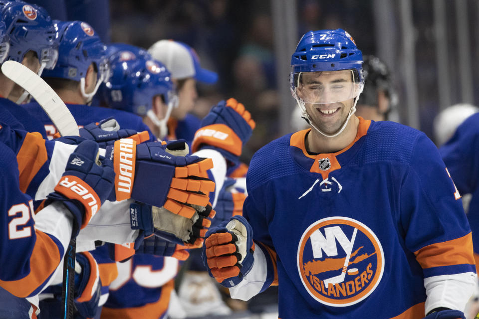 New York Islanders right wing Jordan Eberle (7) celebrates his third period goal against the Buffalo Sabres in an NHL hockey game, Saturday, Dec. 14, 2019 in Uniondale, N.Y. The Islanders won 3-2 in overtime. (AP Photo/Mark Lennihan)