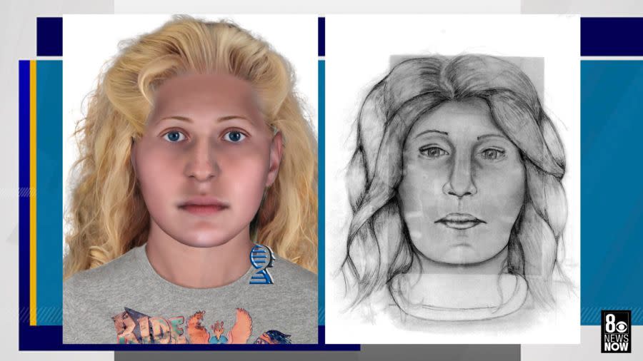 <em>A rendering and a sketch of the woman known only as “Claudia,” the last unidentified victim of the Happy Face Killer. (Riverside County District Attorney)</em>
