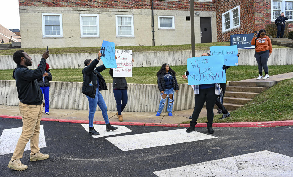 Lincoln University students protest outside the administration building calling for the removal of Lincoln University President John Moseley, Friday, Jan. 12, 2024 in Jefferson City, Mo. The president of a historically Black college in Missouri was placed on paid leave following the high-profile death of an administrator. The Board of Curators at Lincoln University, a publicly funded school of about 1,800 in Jefferson City, said Friday in a news release that President John Moseley volunteered to step down while a third-party expert reviews “potential personnel issues and concerns.” (Julie Smith/The Jefferson City News-Tribune via AP)