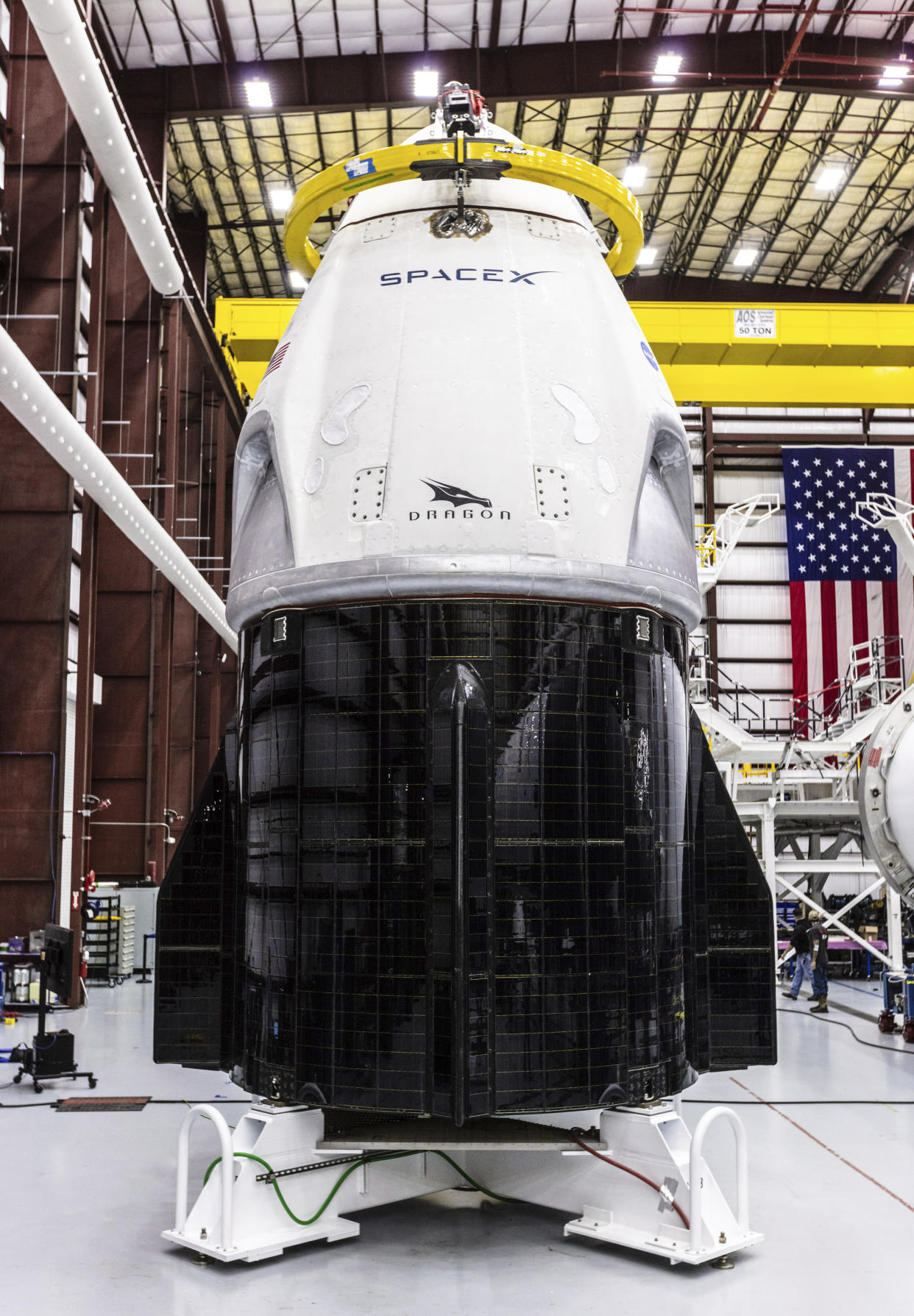 SpaceX’s Crew Dragon spacecraft and Falcon 9 rocket are positioned inside the company’s hangar at Launch Complex 39A at NASA’s Kennedy Space Center in Florida (Space X/AP)