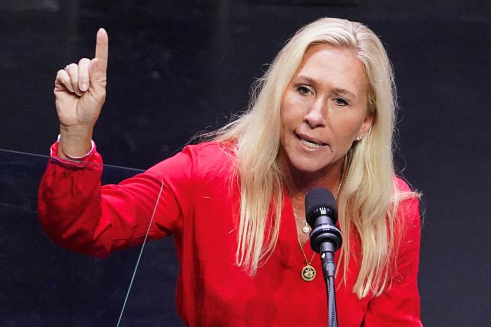 Marjorie Taylor Greene speaks at a campaign event for Donald Trump in Georgia. Greene has claimed that someone is controlling the weather in the wake of Hurricane Helene, which killed more than two dozen people in her home state (REUTERS)