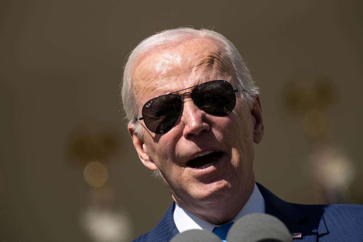 President Joe Biden speaks Tuesday before signing an executive order related to child care and eldercare during an event in the Rose Garden of the White House.
