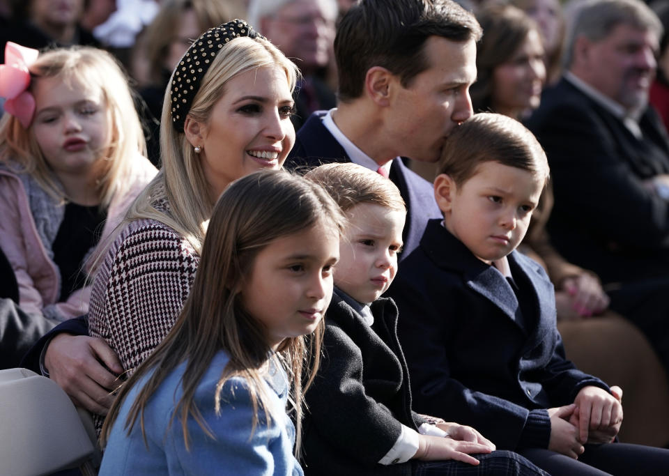 Ivanka Trump, her husband Jared Kushner, children Theodore Kushner, Joseph Kushner, Arabella Kushner attend a turkey pardoning event at the Rose Garden of the White House November 20, 2018 in Washington, DC. The two turkeys, Peas and Carrots, will spend the rest of their lives in a farm after the annual Thanksgiving presidential tradition today.  