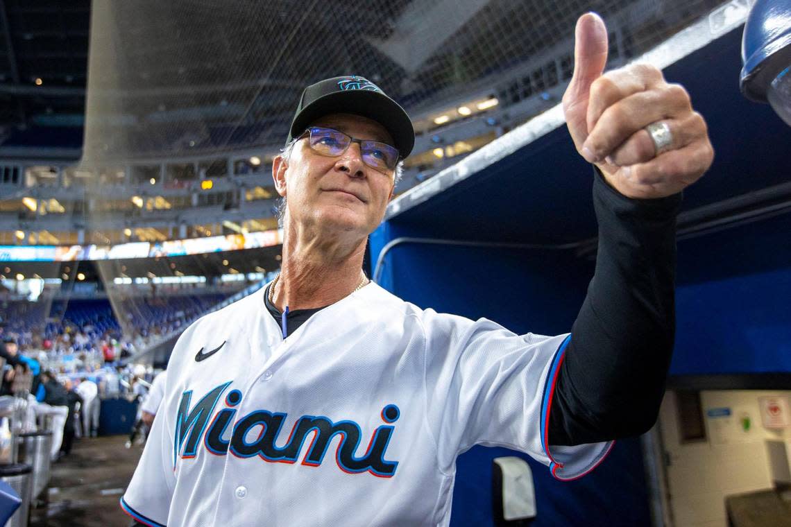 Miami Marlins manager Don Mattingly reacts during his final MLB game at loanDepot park in the Little Havana neighborhood of Miami, Florida, on Wednesday, October 5, 2022.