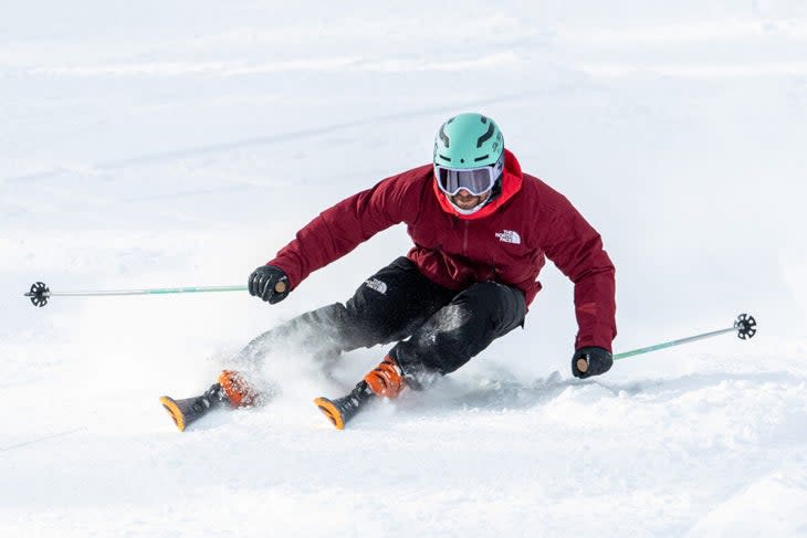 Ski tester arcing a carving ski at Copper Mountain