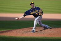 Milwaukee Brewers relief pitcher Eric Yardley throws during the seventh inning of a baseball game against the St. Louis Cardinals Sunday, Sept. 27, 2020, in St. Louis. (AP Photo/Jeff Roberson)