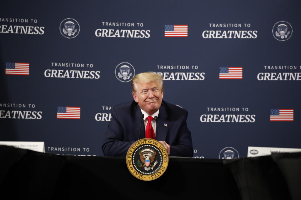 President Donald Trump speaks during a listening session with African-American leaders at Ford's Rawsonville Components Plant that has been converted to making personal protection and medical equipment, Thursday, May 21, 2020, in Ypsilanti, Mich. (AP Photo/Alex Brandon)