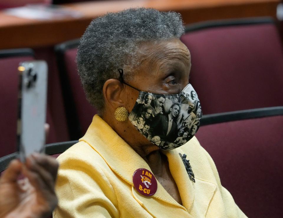 An older resident watches with reverence at a gathering at Bethune-Cookman University on Wednesday as the historic Mary McLeod Bethune statue was unveiled at the U.S. Capitol in Washington, D.C.