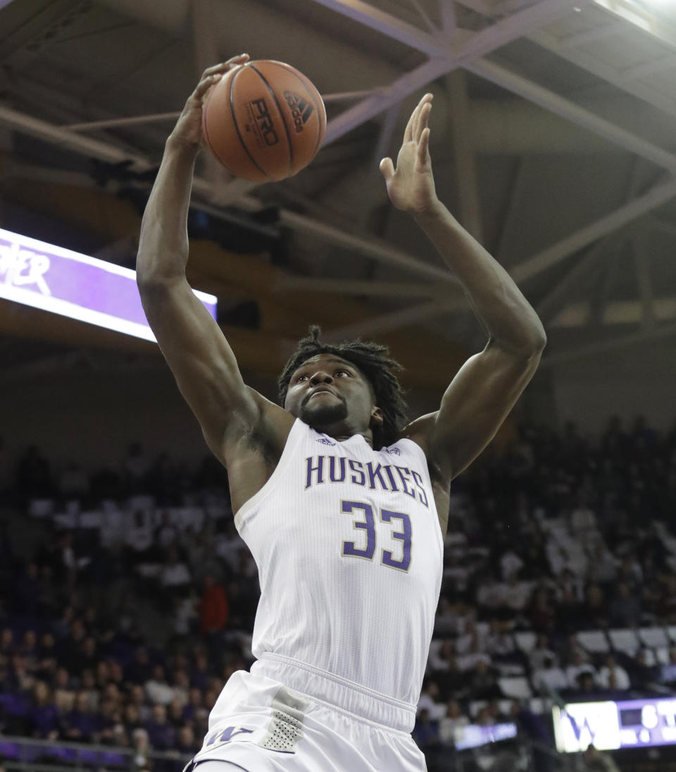 Washington's Isaiah Stewart shoots against Washington State during the first half of an NCAA college basketball game Friday, Feb. 28, 2020, in Seattle. (AP Photo/Elaine Thompson)