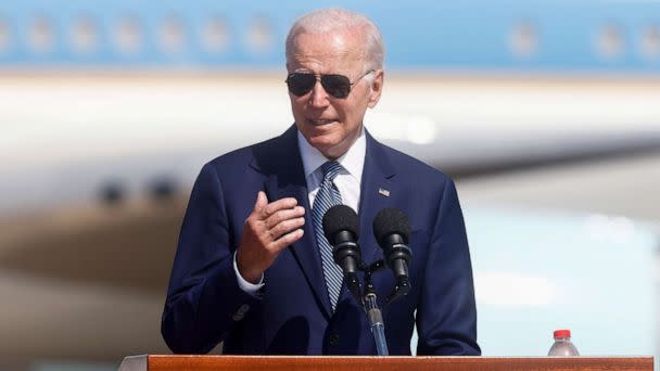 PHOTO: President Joe Biden, speaks during an arrival ceremony at Ben Gurion International Airport in Tel Aviv, Israel, on July 13, 2022. (Bloomberg via Getty Images)