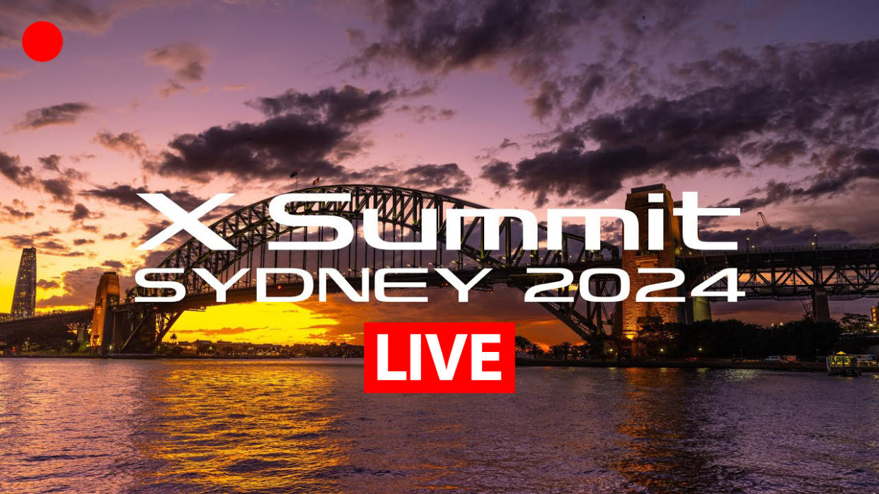  LIVE BLOG: Fujifilm X Summit Sydney 2024 logo, with a sunset bridge photograph. 