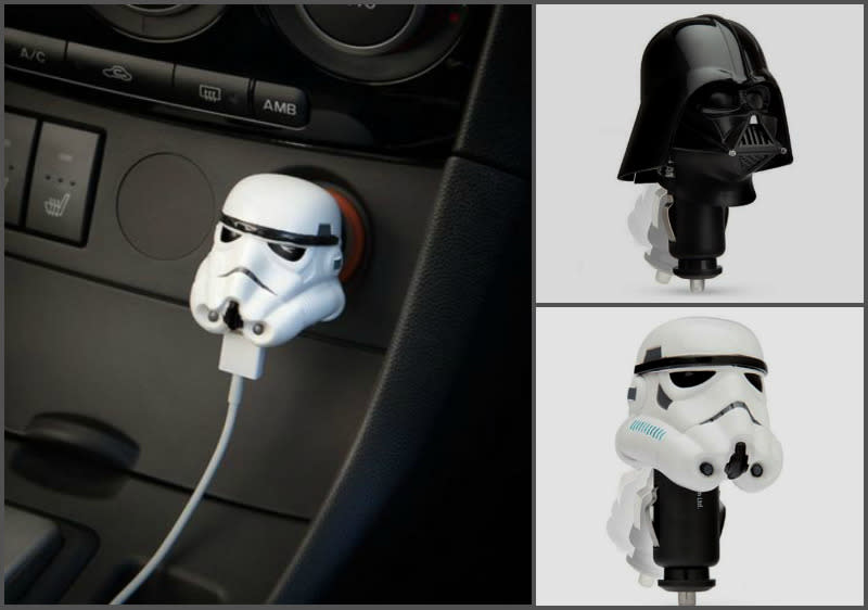 Qué tal una cabeza de Stormtrooper o el mismo Darth Vader como cargador para el coche. ebay